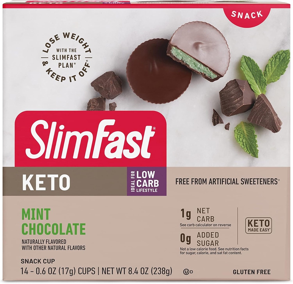 SlimFast Keto Fat Bomb Snack Cup, Mätová čokoláda, Keto Snacks for Weight Loss, Low Carb with 0g Added Sugar, 14 gróf Box (Backaging May Vary)