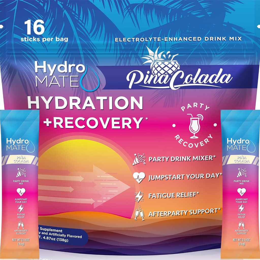 HydroMATE Electrolytes Powder Pakets Ananás Hydratácia Accelerator Low Sugar Party Favors for Recovery Tropical Piña Colada 16 Sticks