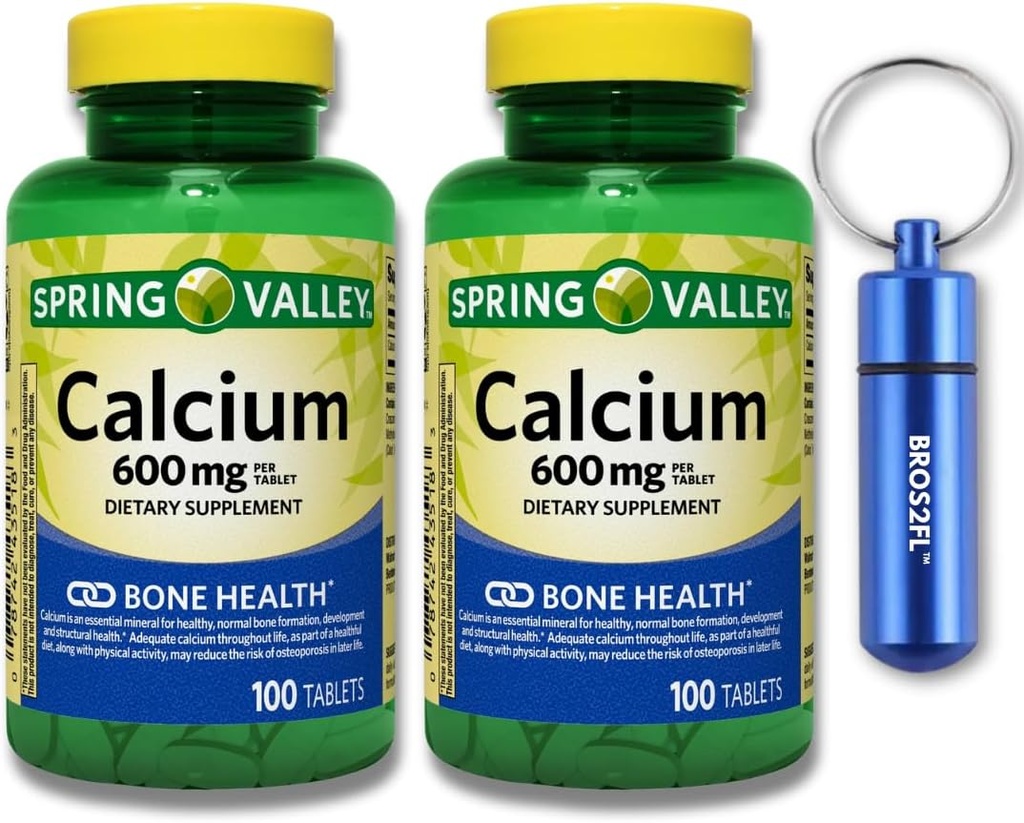 Calcium Bone Health Dietary Supplement Tablety, 600 mg, 100 Počet (2-Pack) Bundle s BROS2FL Keychain vodotesné prenosné kovové pilulky box (2 položky)