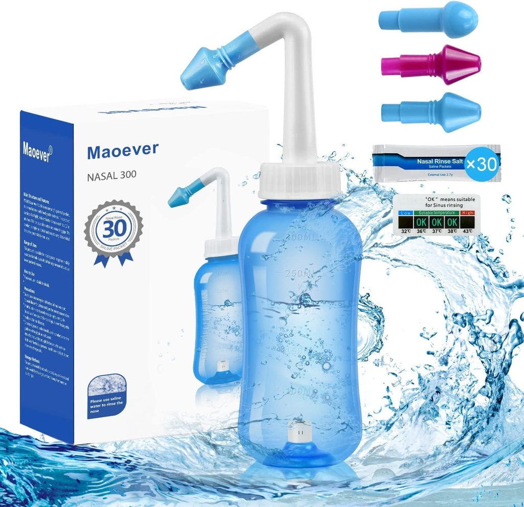 MAOEVER Neti Pot Sinus Rinse Nosné umývanie 300ML Neti-Pot s 30 Nosové umývanie soľné balíčky a lepidlo termometer Nos Čistič umývacie fľaše Čistič tlaku zavlažovanie pre dospelých a dieťa BPA zadarmo (modrá)