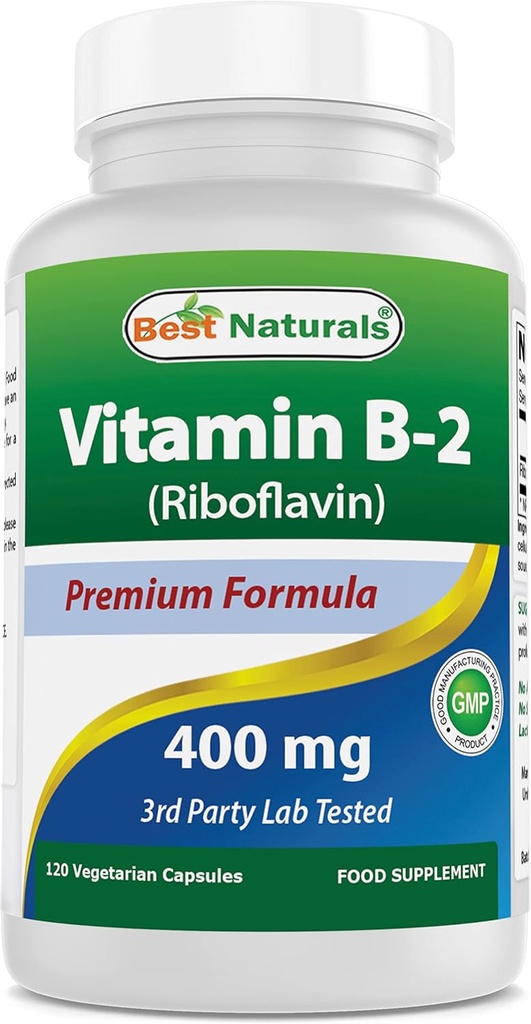 Najlepšie prírodné vitamín B2 (Riboflavín) 400mg - Migréna úľava - Veggie Kapsule - Conezyme Precursor - 120 Počet