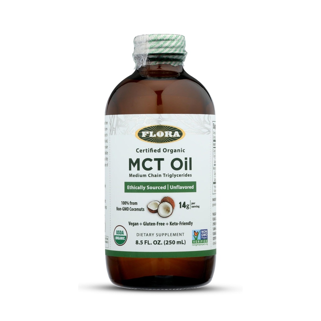 Flora - MCT Oil Certified Organic - Podporuje svalovú energiu a zdravie mozgu - Obsahuje C8 Kyselina kaprylová & C10 Kyselina kapriová - non-GMO, Gluten-Free, Vegan & Keto-Friendly - 8.5 fl. oz. Sklenená fľaša