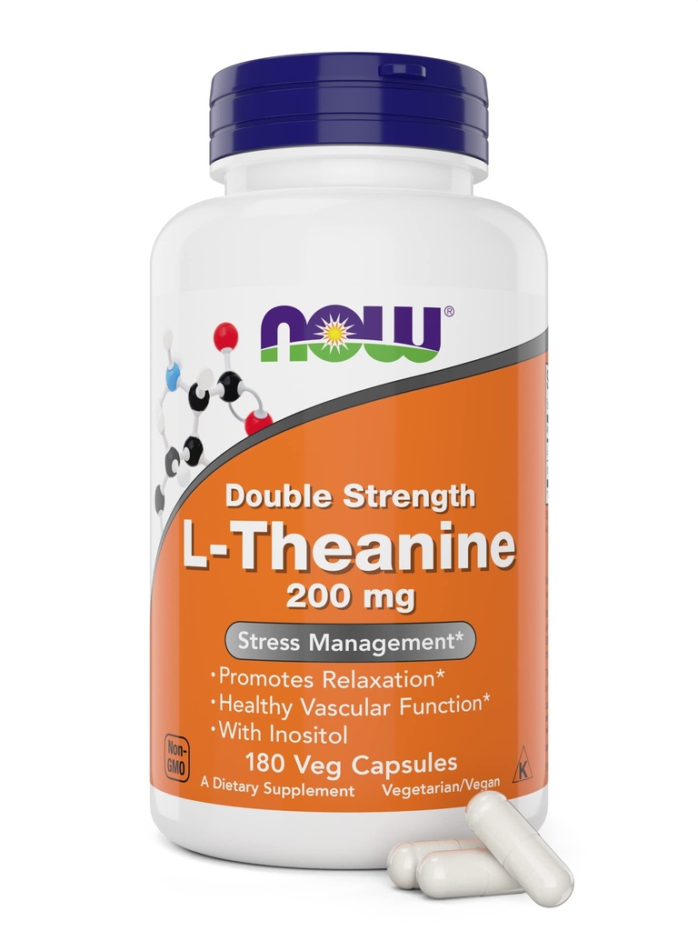 TERAZ Foods L- Theanine, Double Strength 200 mg per cap - 180 Veg Capsules - Enhanced with 100mg Inozitol - Vegetarian, Non- GMO - Ltheanine 200mg Supplement