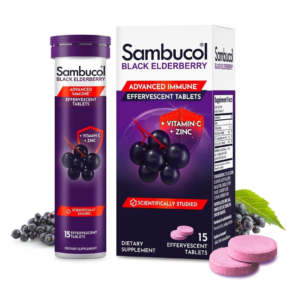 Sambucol Black Elderberry Šumivé tablety - bazový zinok a vitamín C pre dospelých, bazové tablety na rozpúšťanie, bobuľové plody - 15 grófov