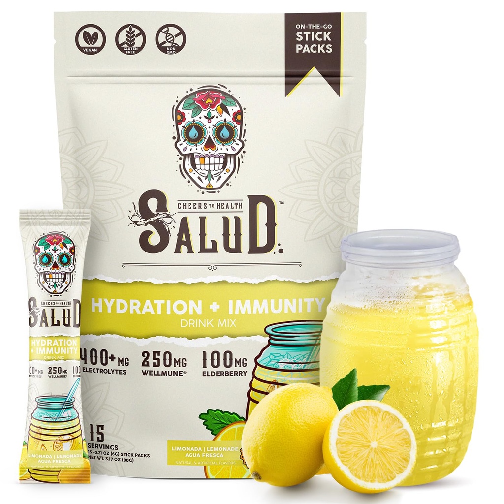 Salud 2-in-1 Hydratačné balíčky + Imunita Electrolytes Powder, Lemonade - Agua Fresca Drink Mix, Elderberry, Dairy & Soy Free, Non-GMO, Gluten Free, Vegan, Nízke kalórií, 1g Cukor (15 Servings)