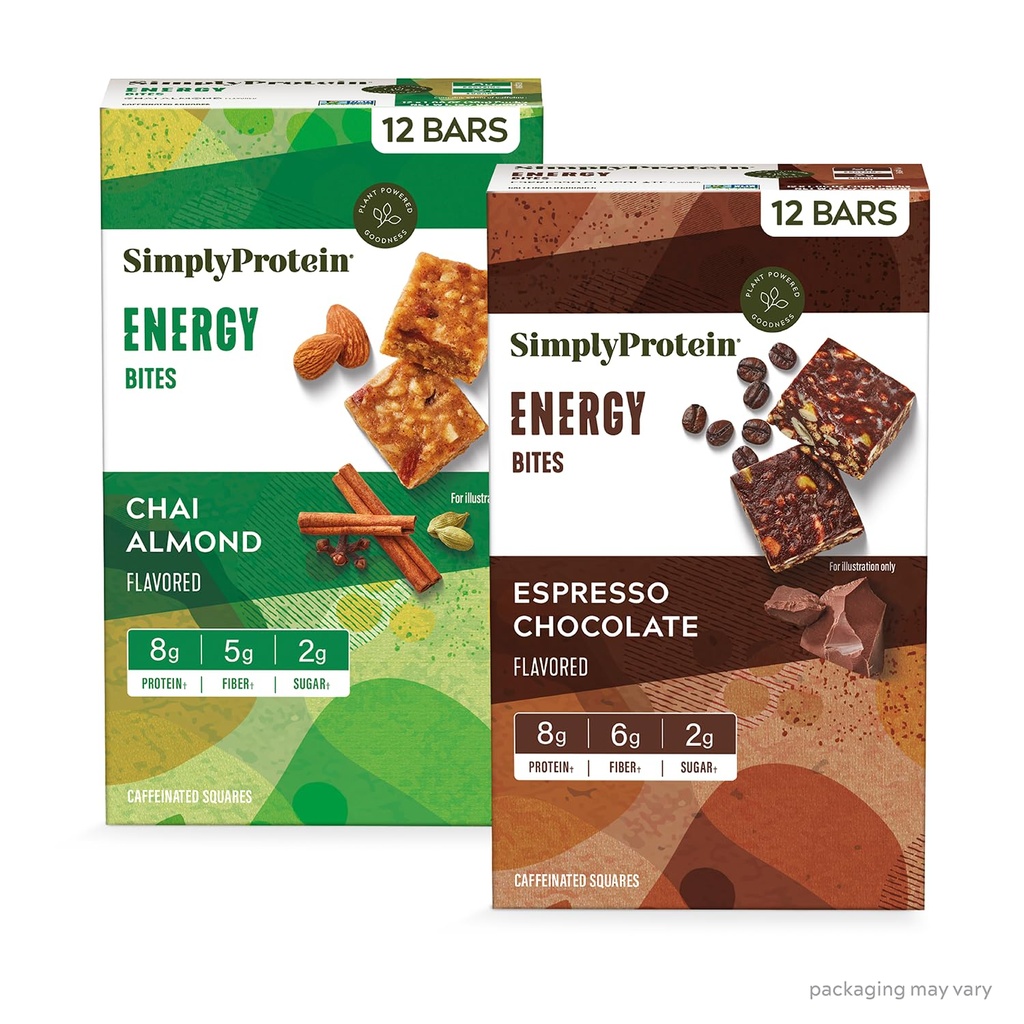 Simply Protein - Energy Bites Variety Pack, 24 Bars - Plant Based Caffeinated Squares - 55mg Caffeine - Energy Boost - 8g Protein, 2g Sugar, 5-6g Fiber, 120-130 Calories - Vegan, Gluten Free, Non GMO
