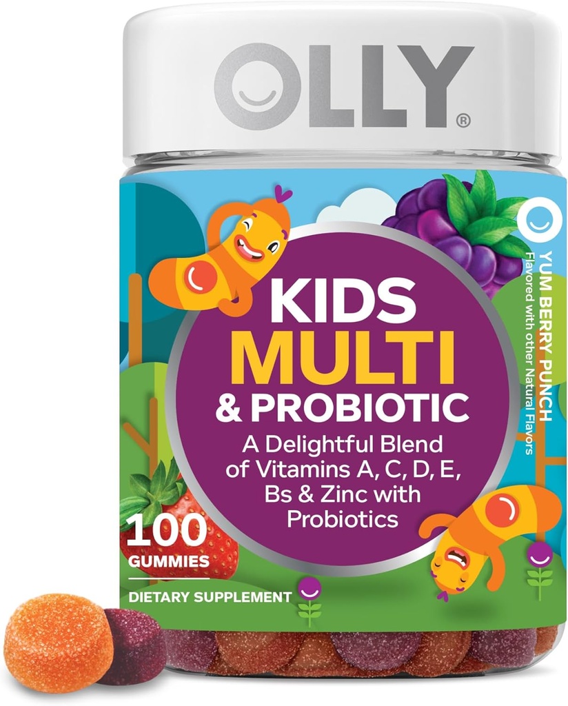 OLLY Kids Multivitamín a probiotické Gummy, Tráviaca podpora, Vitamíny A, D, C, E, B, Zinok, Žuvacie doplnky, Berry Flavor, 50 denné dodávky - 100 Počet