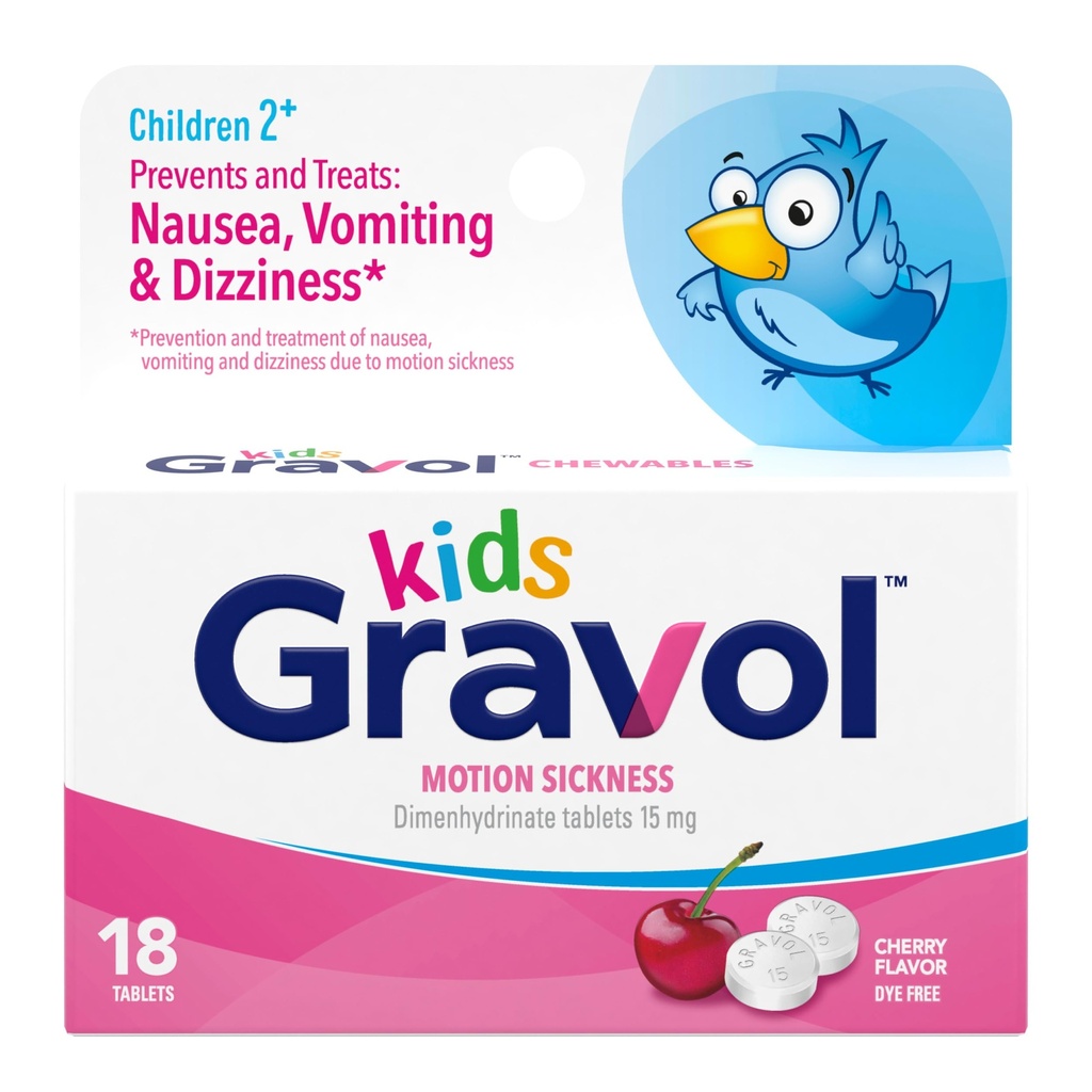 Gravol Kids Žuvacie tablety na nevoľnosť, úľavu od žalúdočnej a pohybovej choroby, bezfarbenie, Cherry Flavor, vek 2 až 12, 18ct