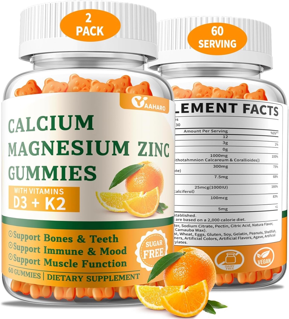 (2 balenia) Kalcium Magnézium Zinok Gumies s vitamínom D3 & K2 - bezcukrové kalcium Gummy pre ženy a mužov - Bone & Immune Support - non-GMO, bez lepidla, Orange Ochutené - 120 Počet