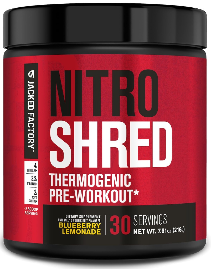 Jacked Factory NITROSURGE Shred pred tréningom doplnok - Energy Booster, Instant Strength Zisky, Sharp Focus, Výkonné čerpadlá - Posilňovač oxidu dusnatého a preWorkout Powder - 30Sv, Čučoriedková limonáda