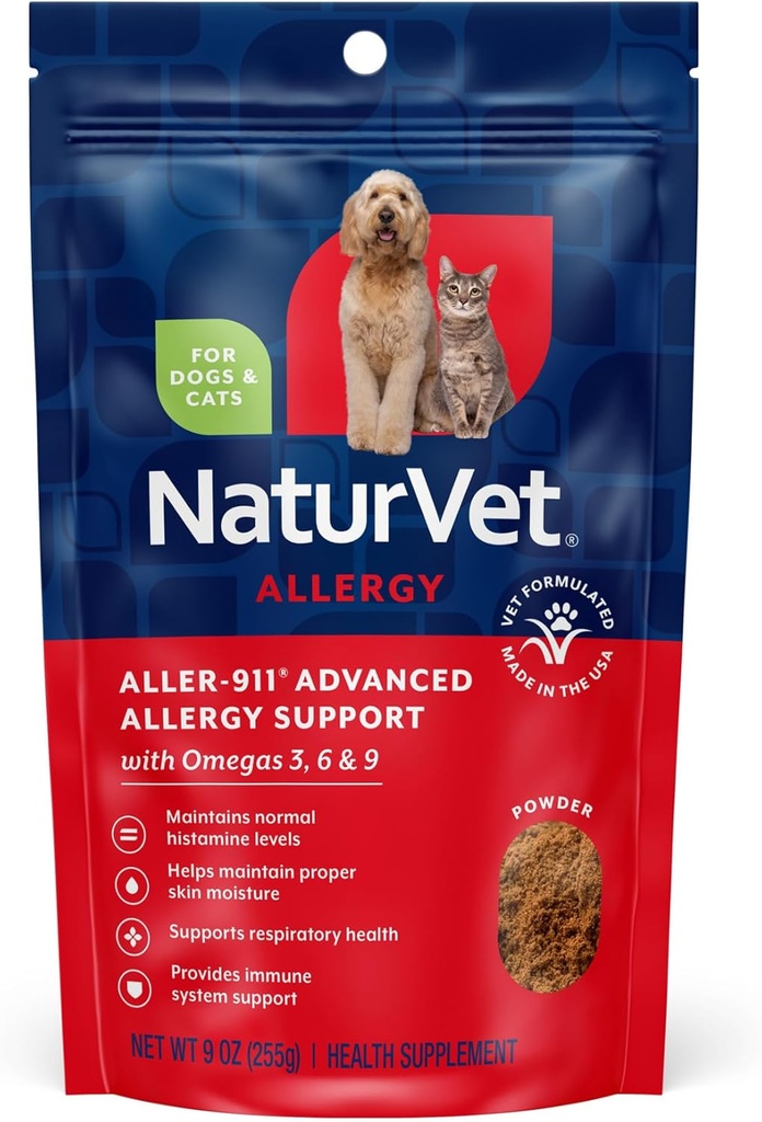 NaturVet Aller-911 Advanced Allergy Aid Powder Plus Antioxidanty pre psy a mačky, 9 oz Powder, Made in The USA