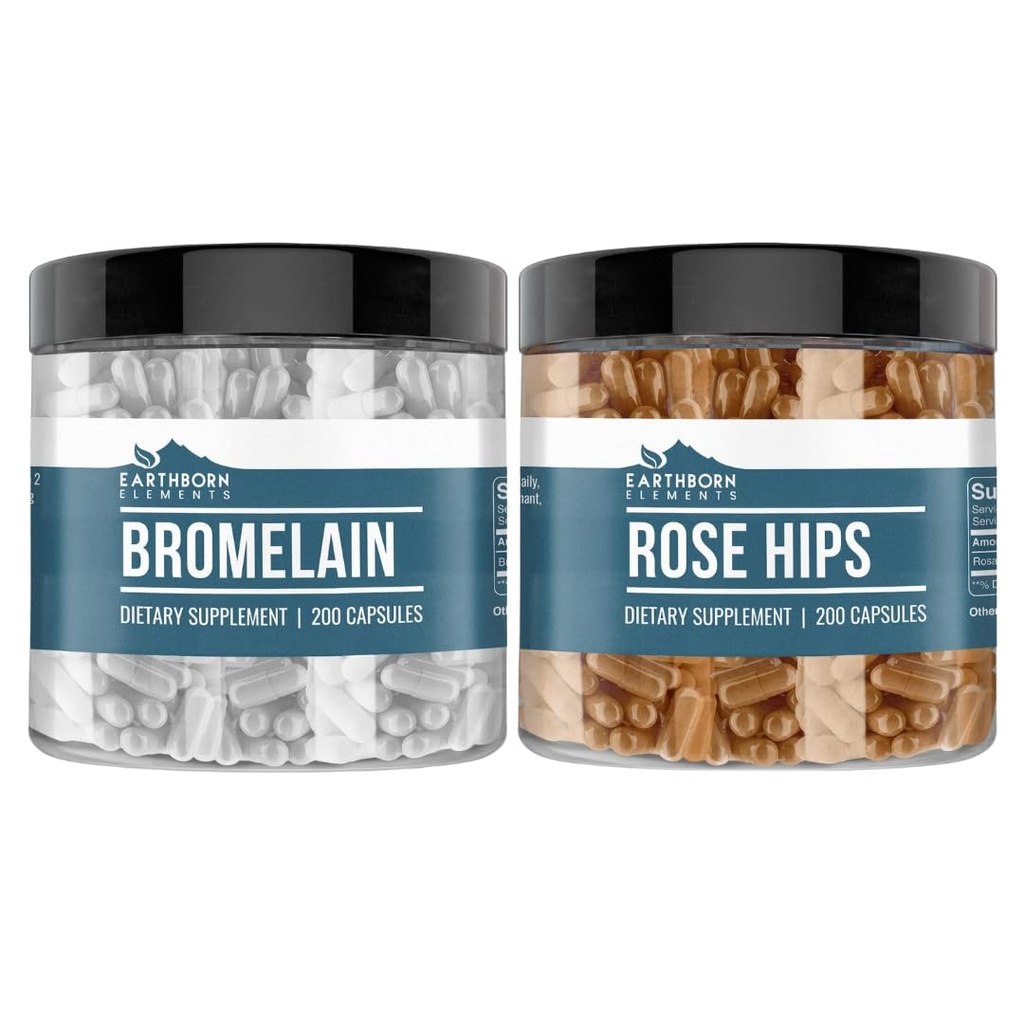 Elementy zrodené pozemšťanmi Rose HIPS & Bromelain Capsule Bundle (200 kapsúl), Pure & Neriedené, žiadne doplnkové látky