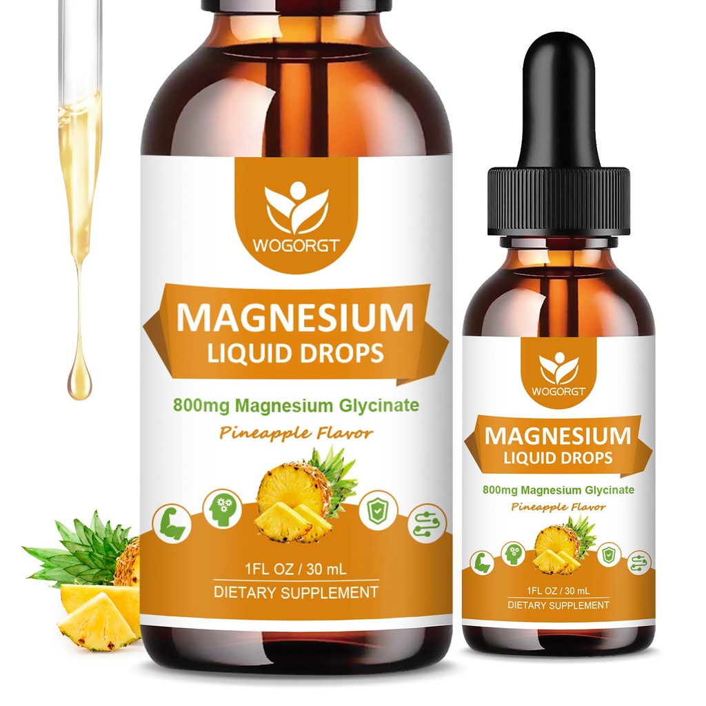 Glycinát horečnatý Tekuté kvapky s citranom a taurátom - Cognition, Muscle & Focus, Tekutý komplex horčíka Supplement with Vitamín D3, GABA, L-teanín, Ananásová aróma - 1 Fl Oz (2 balenia)
