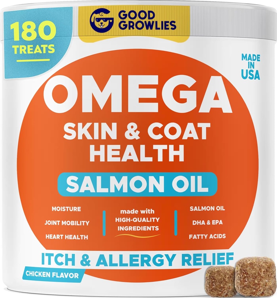 Omega 3 Aljašský rybí olej Liečba psov (180 Ct) - Suchá a svrbiaca koža + alergia - lesklé kabáty - EPA&DHA Mastné kyseliny - prírodný lososí olej žuvačky - kuracie Turecko
