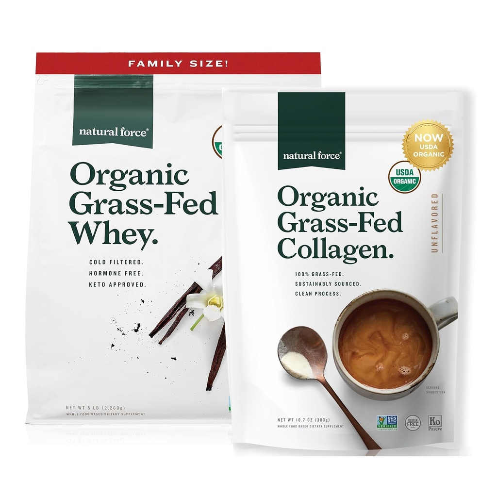 Natural Force Grass Fed Organic Swhey Protein Powder Vanilla Flavor 5 lb Organic Clean Collagen Peptides Powder Unflaved, 10,7oz