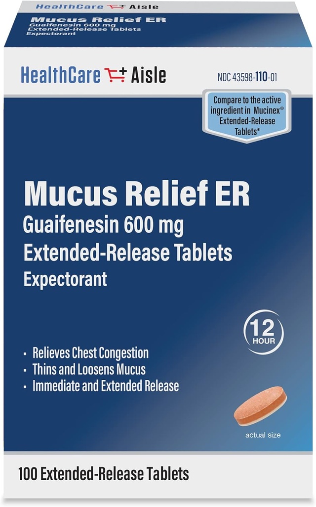 HealthCareAisle Guaifenesin 600 mg Rozšírené uvoľnenie - 100 tabliet - Mucus Relief Explorant pre úľavu od kongescie hrudníka