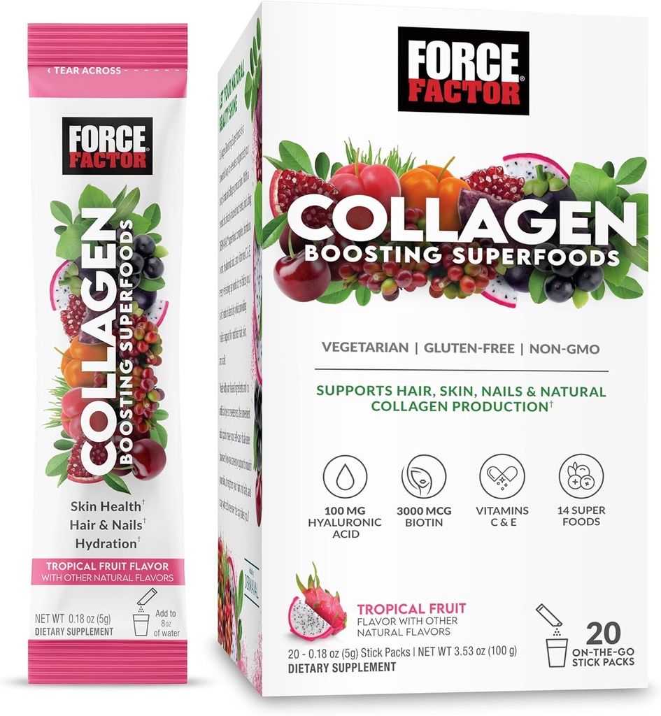 Force Factor Collagen Posilnenie superpotravín s biotínom, kyselina hyalurónová, bambus, a vlasy, koža, a nechty Vitamíny, nechty Posilniť a kožné doplnky, Tropical Fruit Flavor, 20 Stick balenia