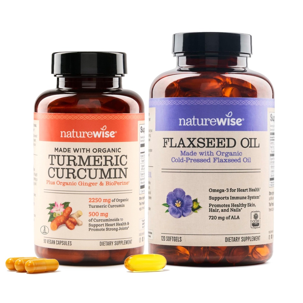 NatureWise Curcumin Turmerica 2250 mg & Ľanový olej 1200mg Omega 3 6 9 Softgels for Joint, Heart & Immune Support [1 & 2 mesiace]