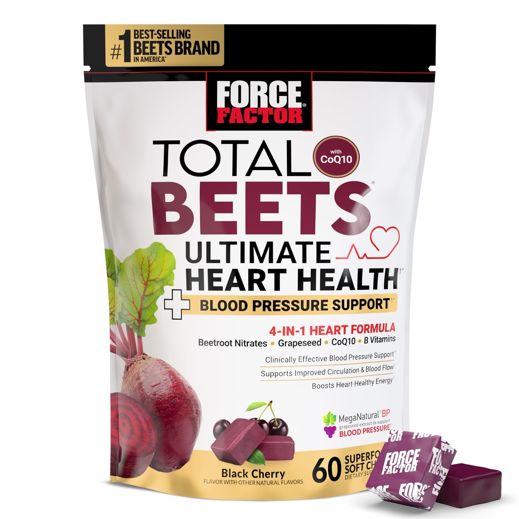 FORCE FACTOR Total Beets Ultimate Heart Health Chews for blood Pressure Support, with cvikl Powder, CoQ10, B Vitamíny a hroznové semená Extract for Blood Flow & Energy, Black Cherry, 60 Soft Chews