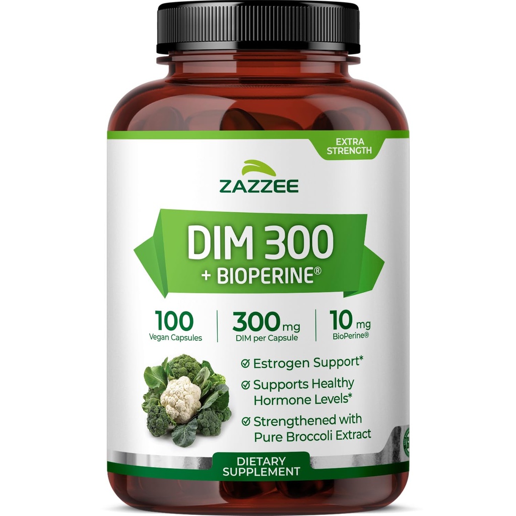 Zazzee DIM 300 mg Per Kapsule, 100 gróf, Plus 10 mg BioPerine, Estrogen Balance, Hormonal Akne, Menopauza Podpora, Hormonálna bilancia, Diindolylmetán, Vegan, All-Natural, Non-GMO, Made in The USA
