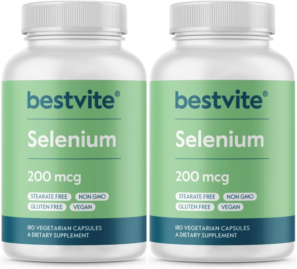 BESTVITE selénium 200mcg (360 Vegetariánske kapsule) (2-Pack) - Žiadne stearáty - bez prietokových činidiel - Vegan - Non-GMO - bez lepidla