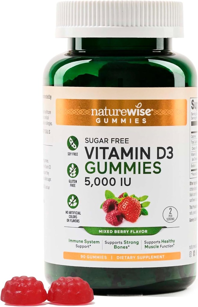 NatureWise Vitamín D3 5000 IU Gummies - Bezcukrová zmes Berry chuť - vitamín D Gumies pre dospelých, podporuje odolnosť, svalovú a kostnú silu -Gelatin-free, non-GMO - 90 Gummies[45-Deň dodávky]