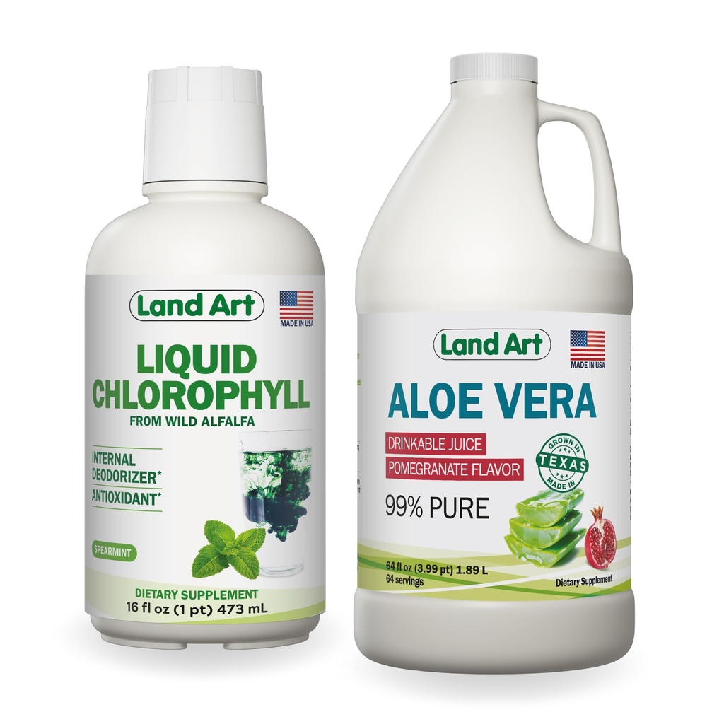 Land Art Aloe Vera Juice - Pomegranate Ochutené - spracované za studena - Vnútorný súbor z ekologických čerstvých listov - 64floz + Tekutý chlorofyl mint Ochutené - studené extrahované z voľne žijúcich ne-GMO lucerna - 16floz
