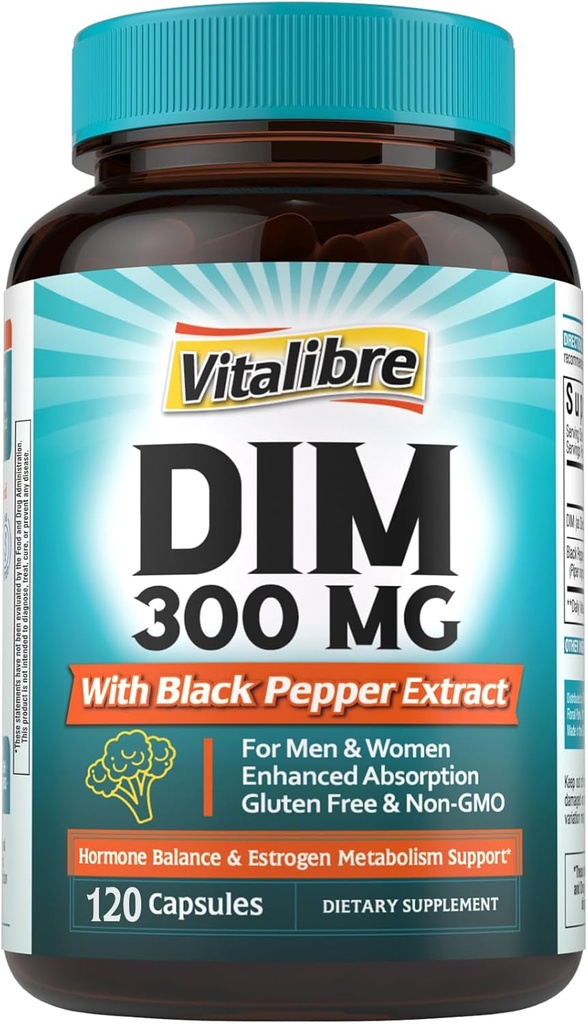 DIM doplnok pre ženy a mužov, Estrogénny metabolizmus, Hormone Balance & Menopauza Podpora, DIM 300 mg s Black Pepper extrakt, vysoká absorpcia, 120 kapsúl