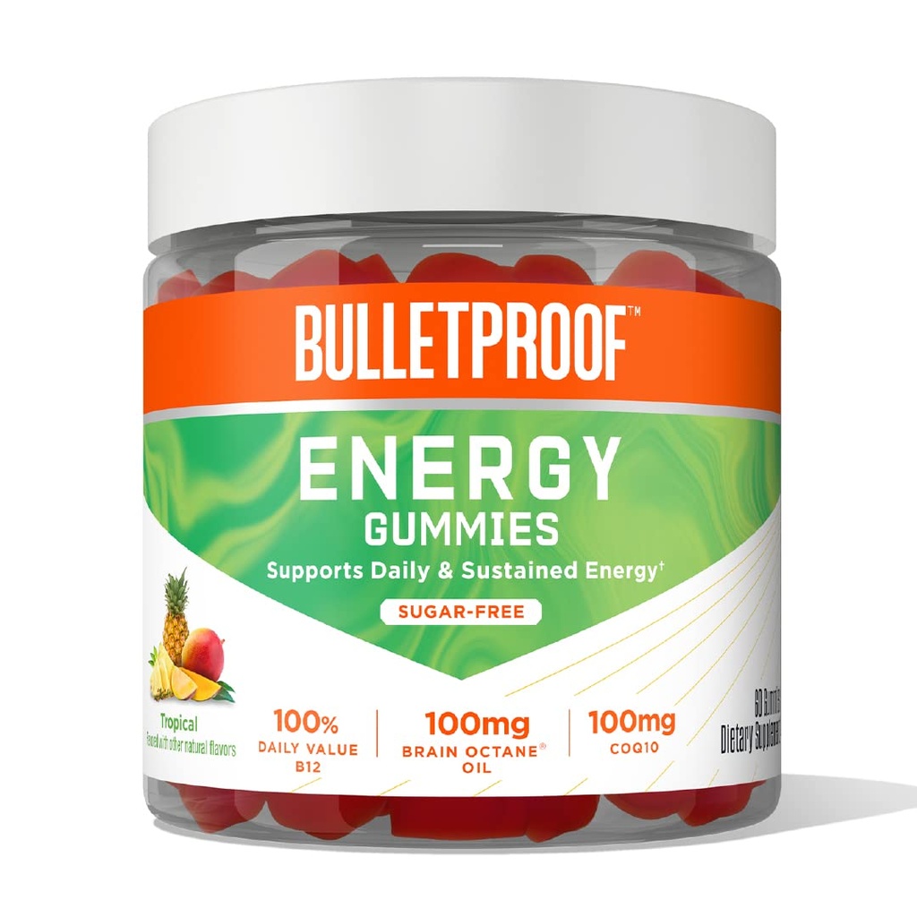 nepriestrelná tropická energia bez obsahu cukru Gumies, 60 grófov, doplnok pre dennú a trvalo udržateľnú energiu so 100mg COQ10, denná hodnota B12, 100mg mozgu Octane olej