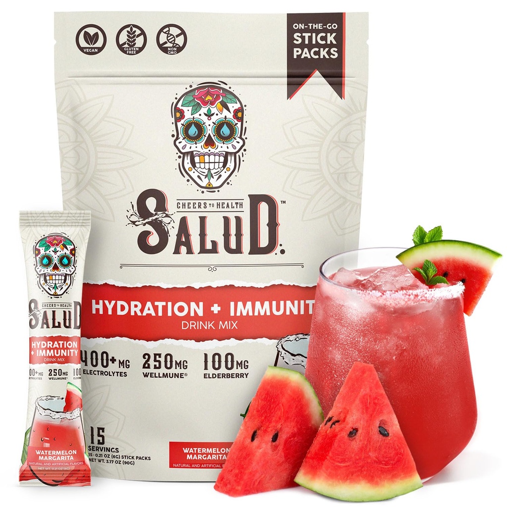 Salud 2-in-1 Hydratácia a Imunita Electrolytes Powder, Watermelon Margarita - 15 Servings, Agua Fresca Drink Mix, Elderberry, Dairy & Soy Free, Non-GMO, Gluten Free, Vegan, Nízke kalórie, 1G Cukor