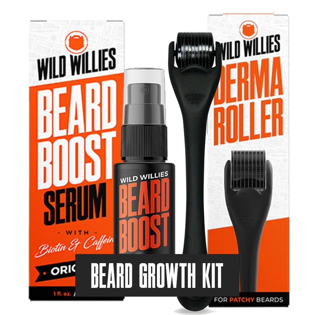 Wild Willies Brada Rastová súprava - Premium Derma Roller & Brada Boost sérum - Micronedle Valček a Brada rast vlasov sérum s biotínom a kofeínom pre plnšie brada, Scalp Care - jednoduché použitie Kit s prípadmi