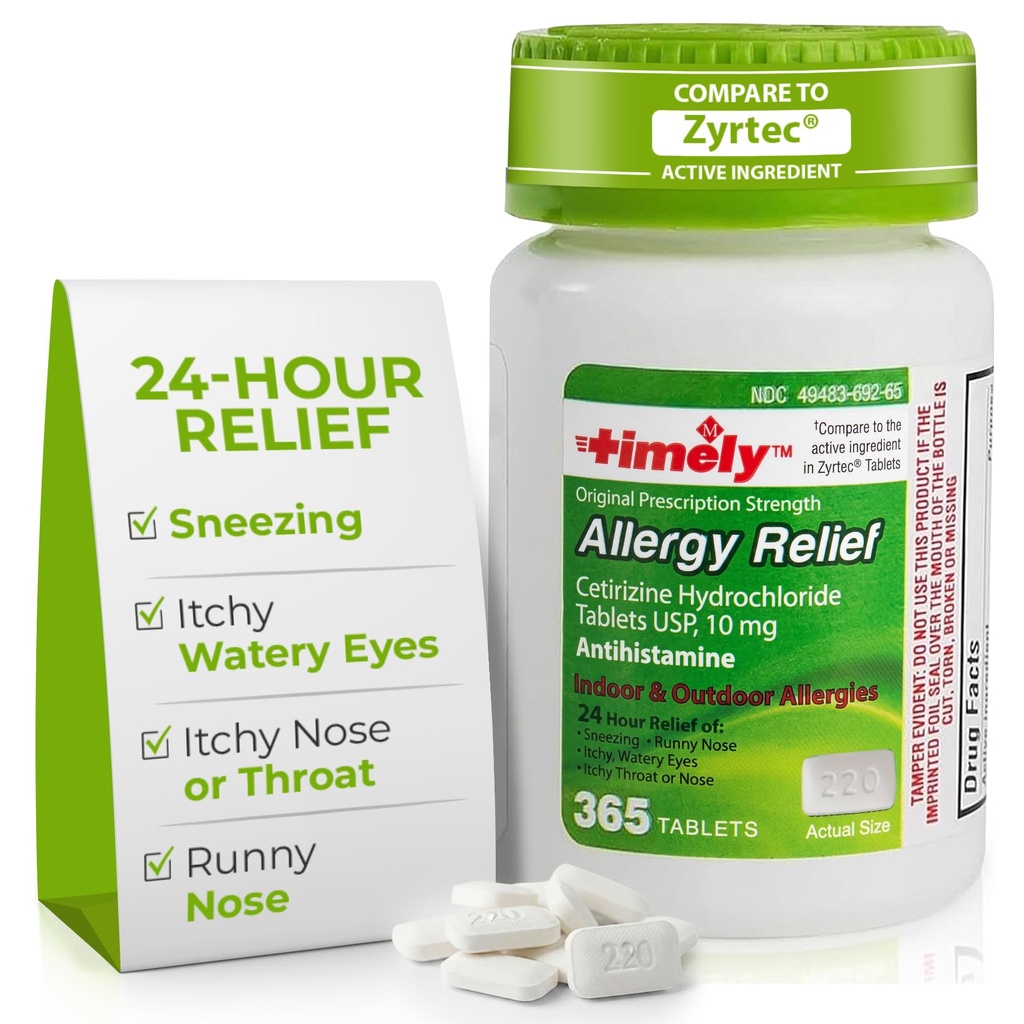 Time-CAP LABS, INC. Včasné Cetirizín HCl 10 Mg 365 Tablety - 24 hodín Alergická úľava od sipotu, Runny nose, Svrbiace vodné oči, Svrbiace hrdlo alebo nos