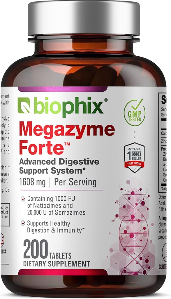 biophix Megazyme Forte 200 tabliet - Natural Plant Proteolytic Enzymes Nattozimes Serrazimes Supports Digestive System Immune Health