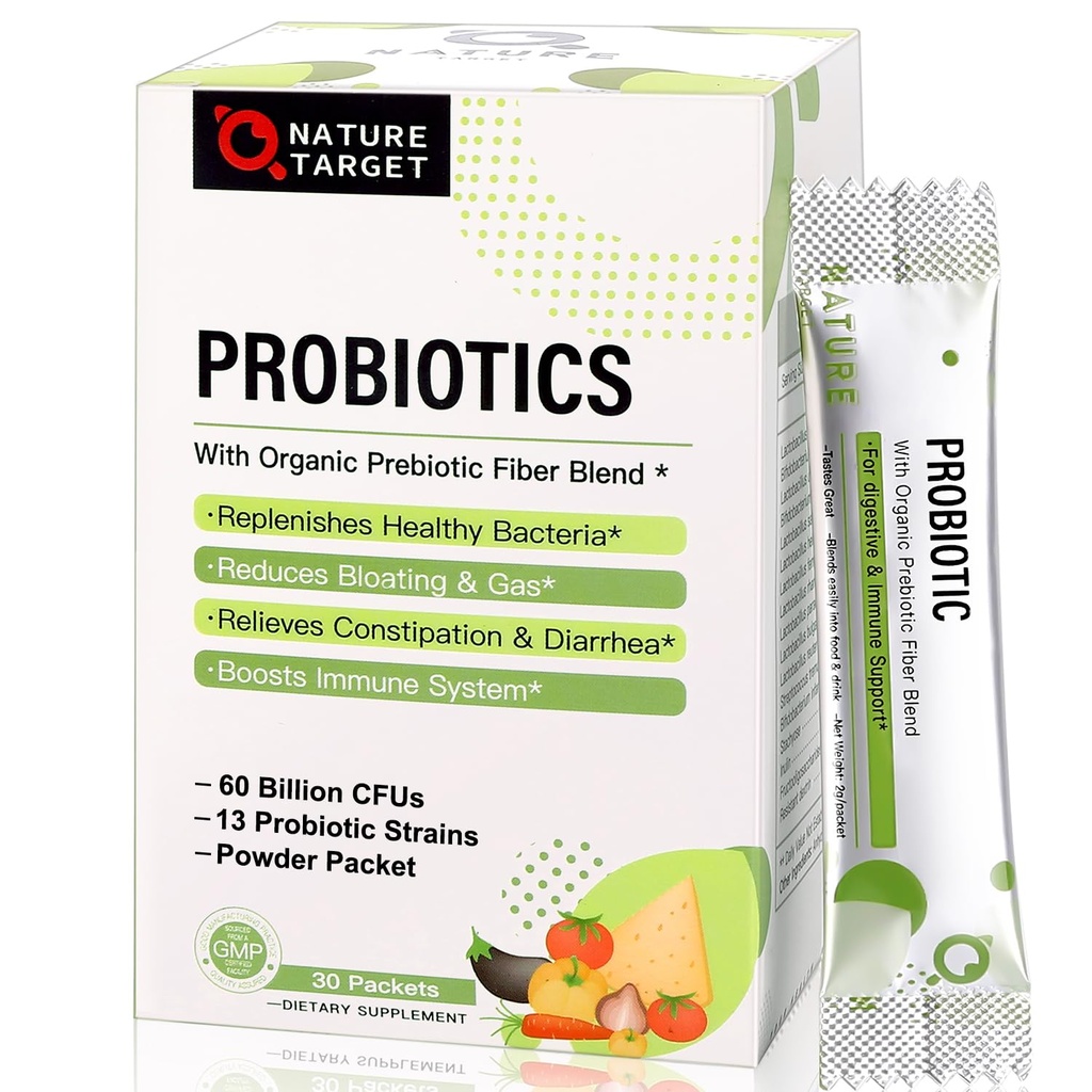 NATURE TARGET Probiotiká pre ženy-Men-Kids Probiotický prášok 60 mld. CFUs 13 Kmene - Prebiotiká a probiotiká pre tráviace zdravie, Stabilný police, non-GMO, bezlepkové 30 paketov