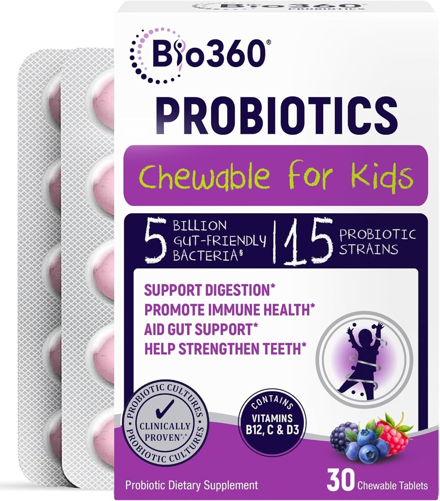 Bio360 Probiotiká pre deti - 15 kmeňov & 5 miliárd CFU podporuje mozog, imunitné a trávivé zdravie - deti probiotické žuvacie s organickými prebiotikami pre Gut & Coconbase, zmiešané Berry Flavor, 30 Počet