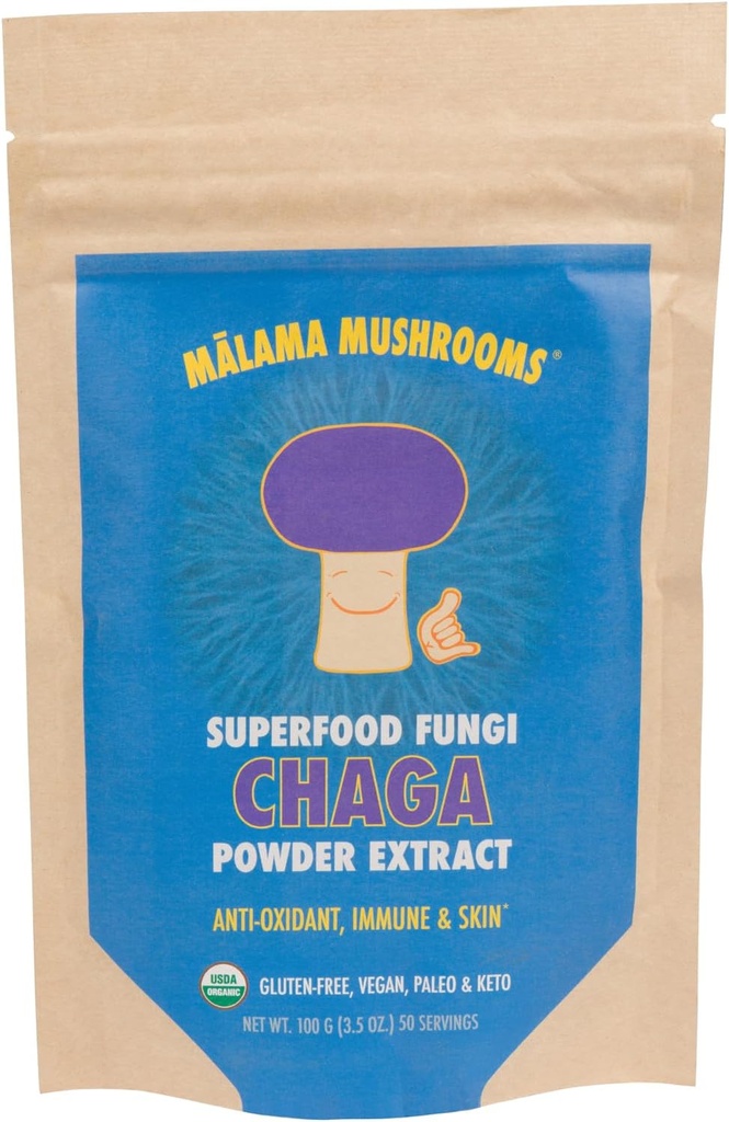 Chaga Extract Powder by Malama, Organic Fruiting Body Chaga Mushroom Powder, Superfood Adaptogénny, Podporuje imunitný systém, zdravie kože, a únava, 100 Servisov