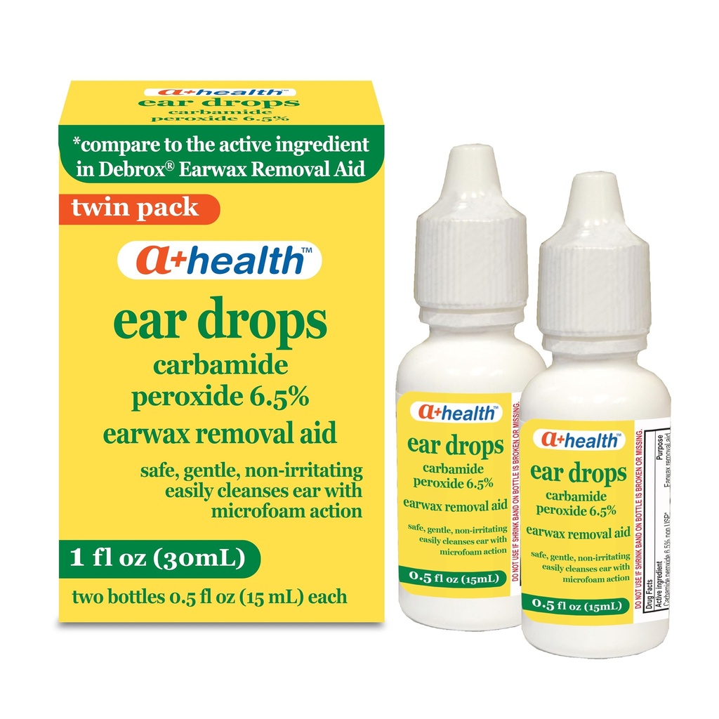 A+Health Earwax Remove Drops, Carbamide Peroxid 6,5%, Made in USA, Twin Pack, 1 fl Ounce(Dve 0,5 fl oz fľaše)