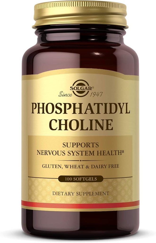 Solgar Fosfatidylcholín, 100 Softgels - Podporovať zdravú kognitívnu funkciu - Odvodené z lecitínu - Obsahuje cholín pre Neurotransmiter Acetylcholín - Gluten Free, Dairy Free - 50 Servings
