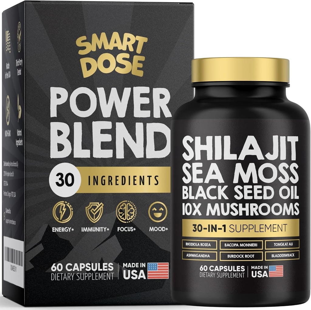 Power Blend Kapsule - 30-in-1 Supplement Bundle with Shilajit 6000mg, Sea Moss 4000mg, Black Seed Oil 4000mg, Ashwagandha 2000mg, 10x Huby, Tongkat Ali, Maca, Holistic Pills Combo