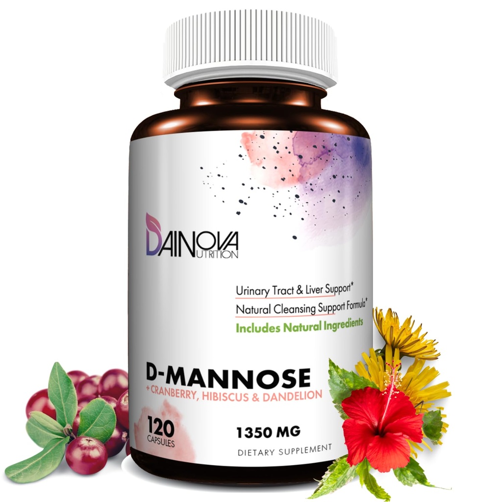 Dainova D Mannose 1350mg s Cranberry I D- Mannose Kapsule od UTI Prevention, Urinary Tract Support, Urinary Tract Health for Women, & Cleanse. W/Hibiscus a púpava, 120 Veggie Capsules
