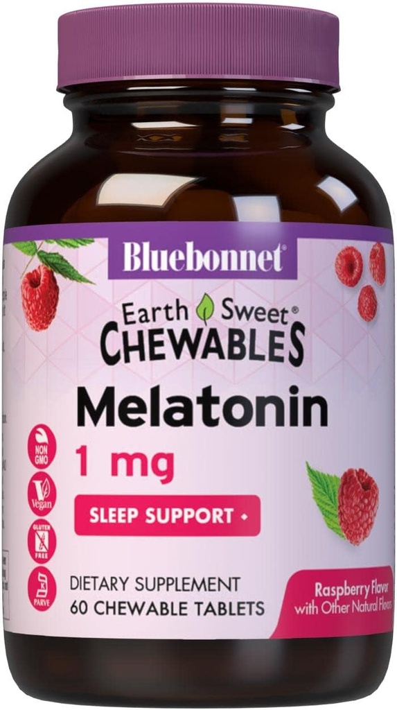 Bluebonnet Nutrition EarthSweet Melatonin 1 mg Fast-Acting Quick Rozpustiť Nighttime Relaxation & Restful Sleep Support - Sleep Aid - Gluten-Free, Vegan - Flavor - Žuvacie tablety Malinová