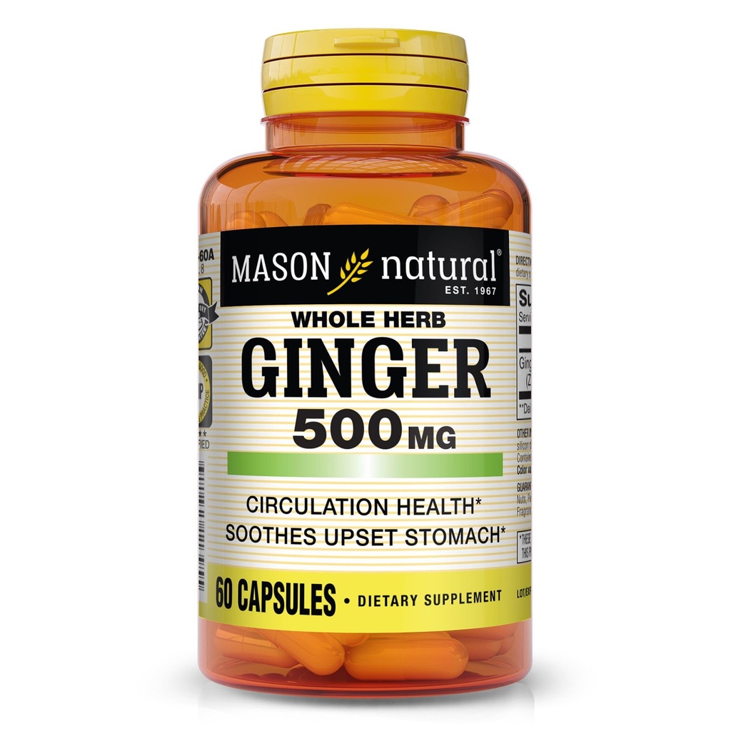 MASON NATURAL Whole Herb Ginger 500 mg, 2 mesiace dodávky, prírodné bylinné doplnky, 60 kapsúl
