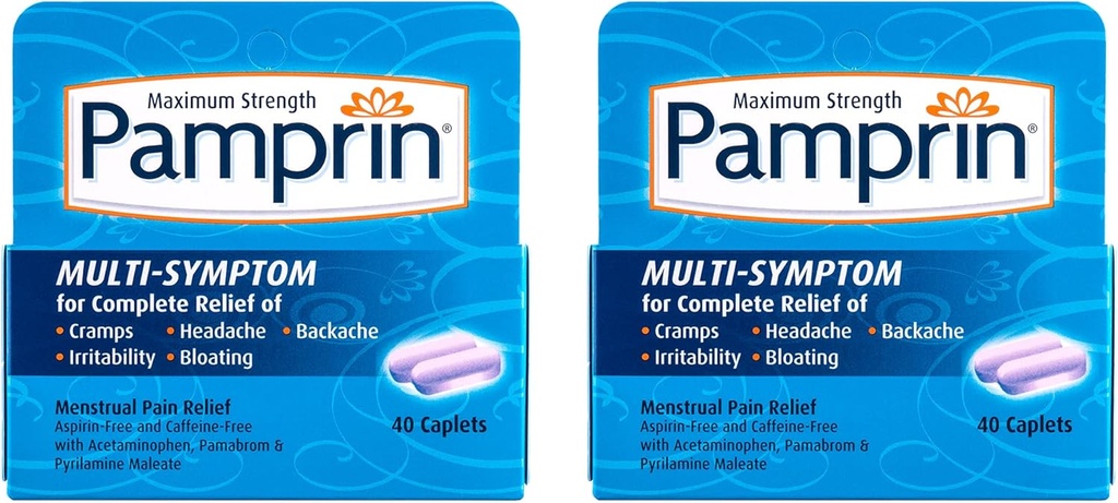 Pamprin Multi-Symptom Formula, s acetaminofénom, Menštruačné obdobie príznaky Relief vrátane kŕdľa, bolesti, podráždenosť a ochabnutie, 40 Caplets (Pack of 2)