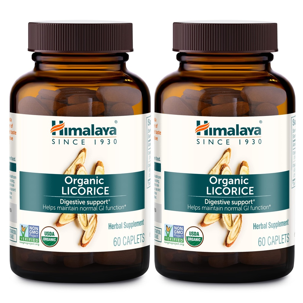 Himalája Organic Licorice, 120 Day Supplement - Digestive Health Supplement for Uppset Žalúdok, Príležitostné Bloating and Heartburn - USDA Organic, Vegan, Non-GMO, Non-DGL, Gluten Free, 60 Caplets, 2 balenie