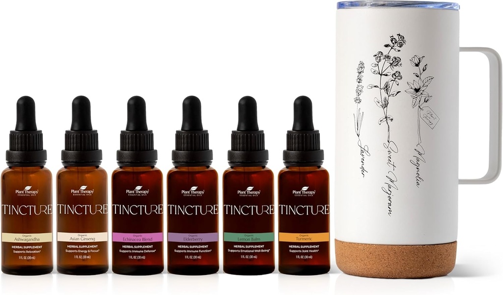 Rastlinná terapia Celkové balenie Tinktúra zahŕňa 30 ml Každý organický Ashwagandha, ázijský ženšen, Echinacea Blend, bazový, citrónový bal, kurkuma a cestovanie Mug