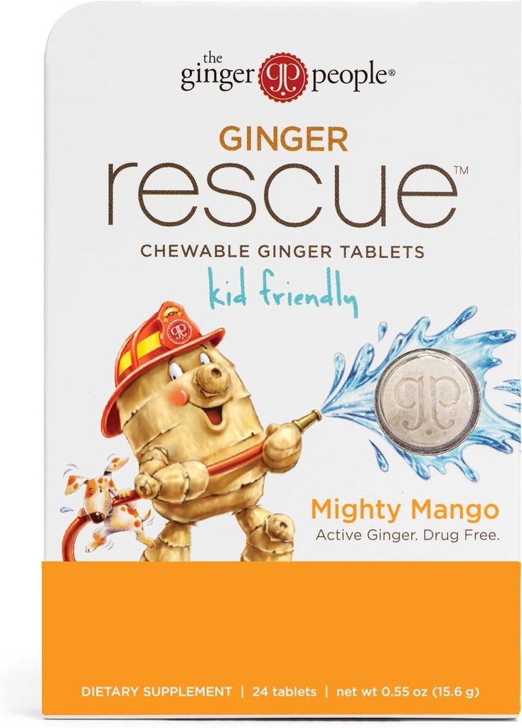 Ginger People Ginger Rescue® Žuvacie tablety Drug Free Digestive Health, 5,5 oz Chewable Tablets, Mighty Mango Flavor, Kid Friendly, 0,55 Oz, 24 gróf (Pack of 1)