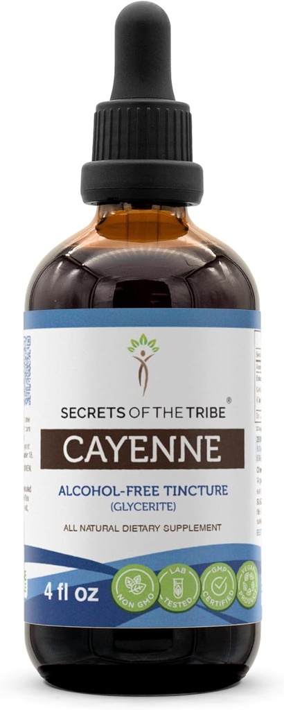 Tajomstvá z Tribe Cayenne Tinktúra bez alkoholu extrakt, vysokopotenciálne bylinné kvapky, Tinktúra z Cayenne Capsicum annuum oživujúci účinok 4 oz