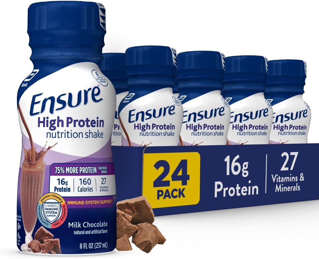 Ensure High Protein Milk Chocolate Nutrition Shake, Ready to Drink, 16g Protein and 27 Vitamins and Minerals, 8 fl oz, 24 Pack