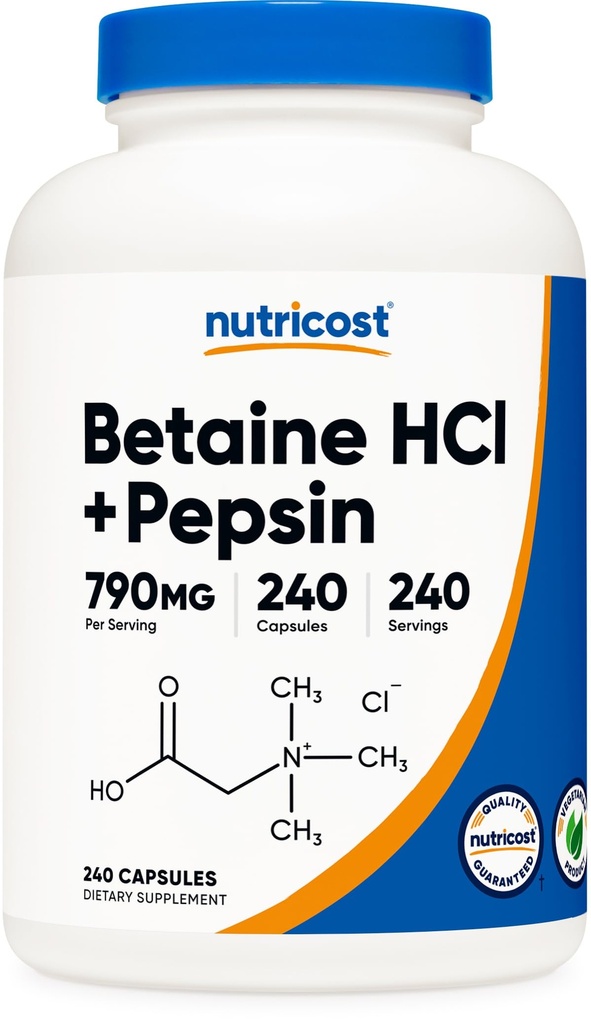 Nutricost Betaine HCl + Pepsin 790mg, 240 Kapsule - Vegetariánske a GMO bez cla