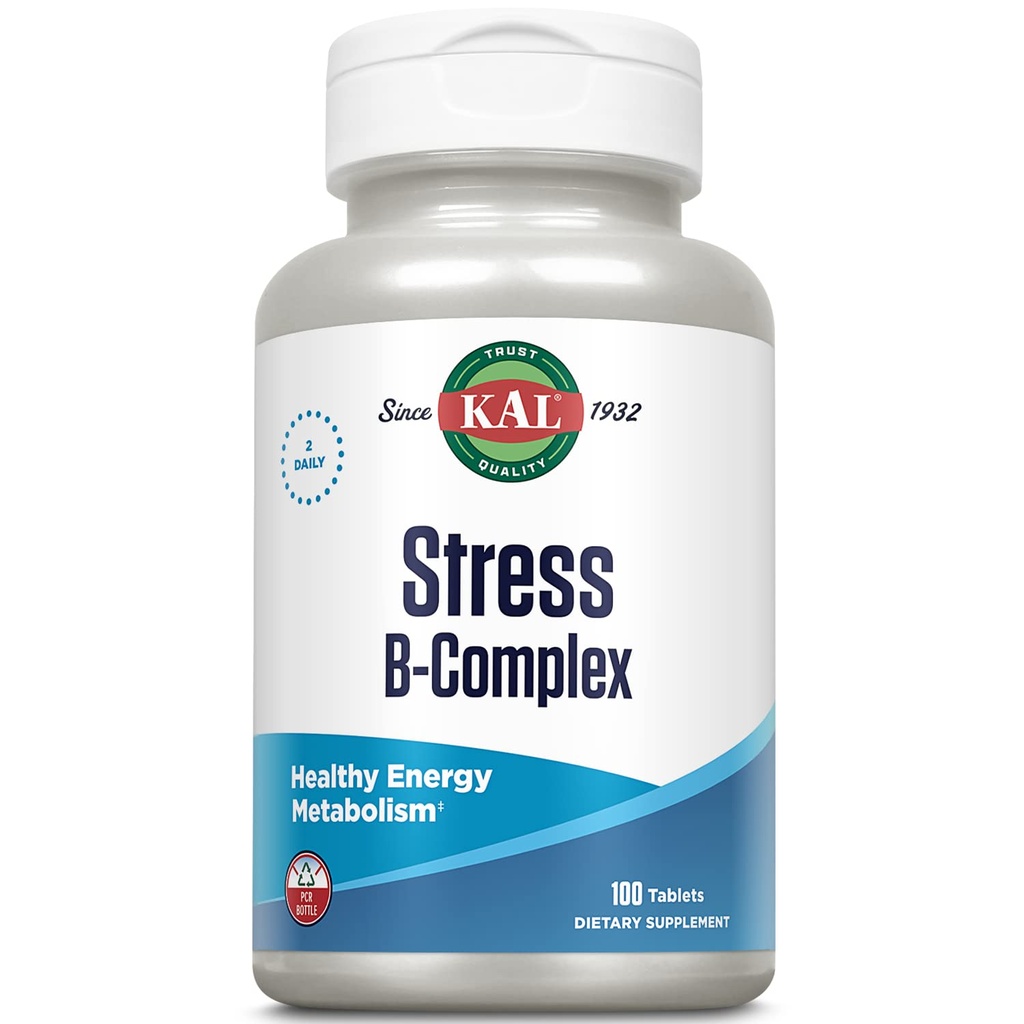 KAL Stres B komplex vitamínové doplnky, vitamín B komplex pre energiu, stres, tvorba červených krviniek a imunitná podpora, s vitamínom B12, B6 a kyseliny listovej, 60-dňová záruka, 50 Serv, 100 tabliet